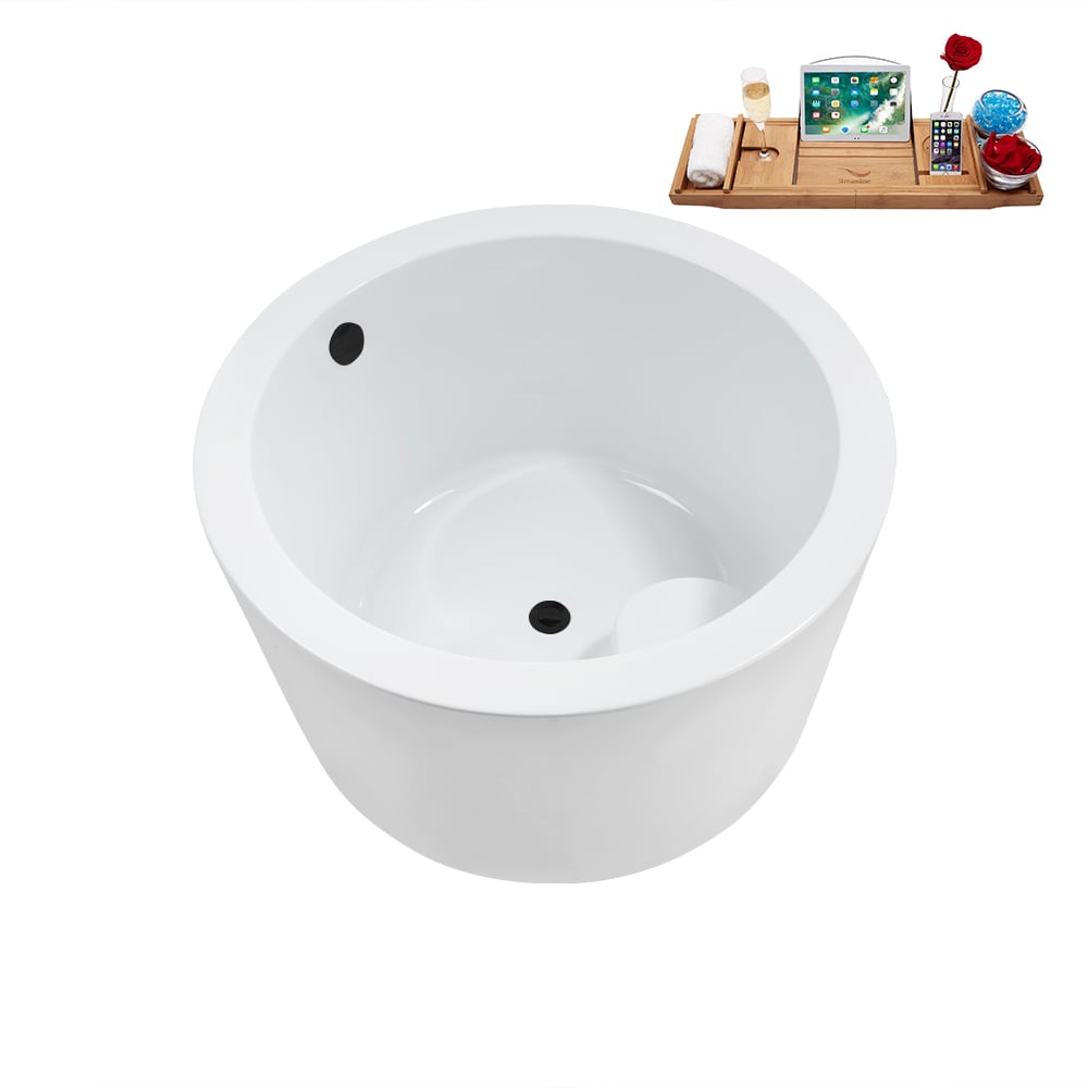 Baignoire ronde autoportante en acrylique N3760BL de 41 pouces et plateau en blanc brillant avec drain central