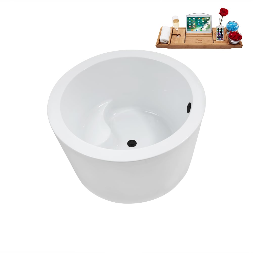 N3760BL 41 inch Freestanding Round Acrylic Bathtub and Tray in Glossy White with Center Drain