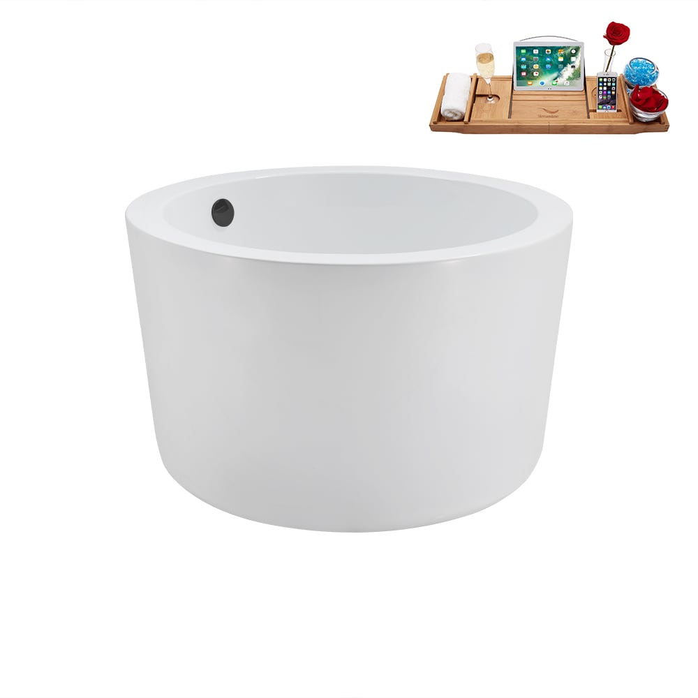 N3760BGM 41 inch Freestanding Round Acrylic Bathtub and Tray in Glossy White with Center Drain