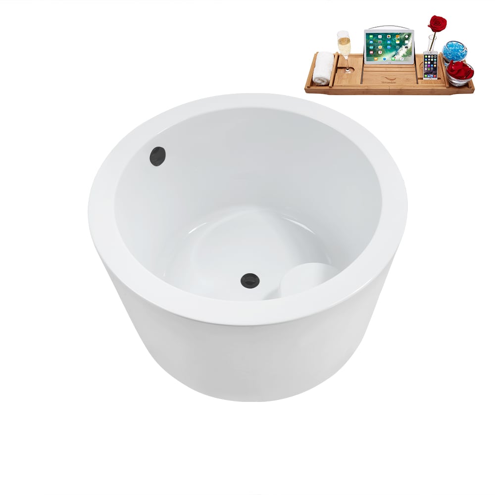 N3760BGM 41 inch Freestanding Round Acrylic Bathtub and Tray in Glossy White with Center Drain