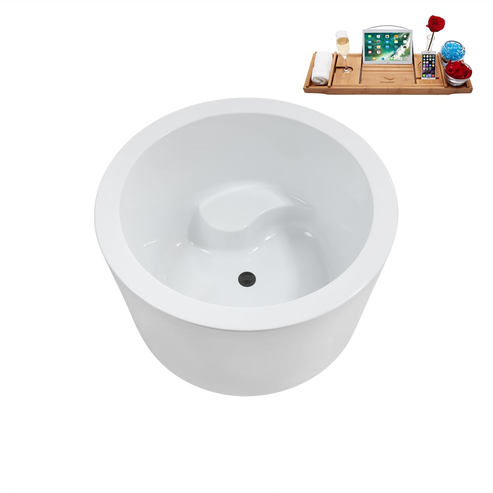 N3760BGM 41 inch Freestanding Round Acrylic Bathtub and Tray in Glossy White with Center Drain