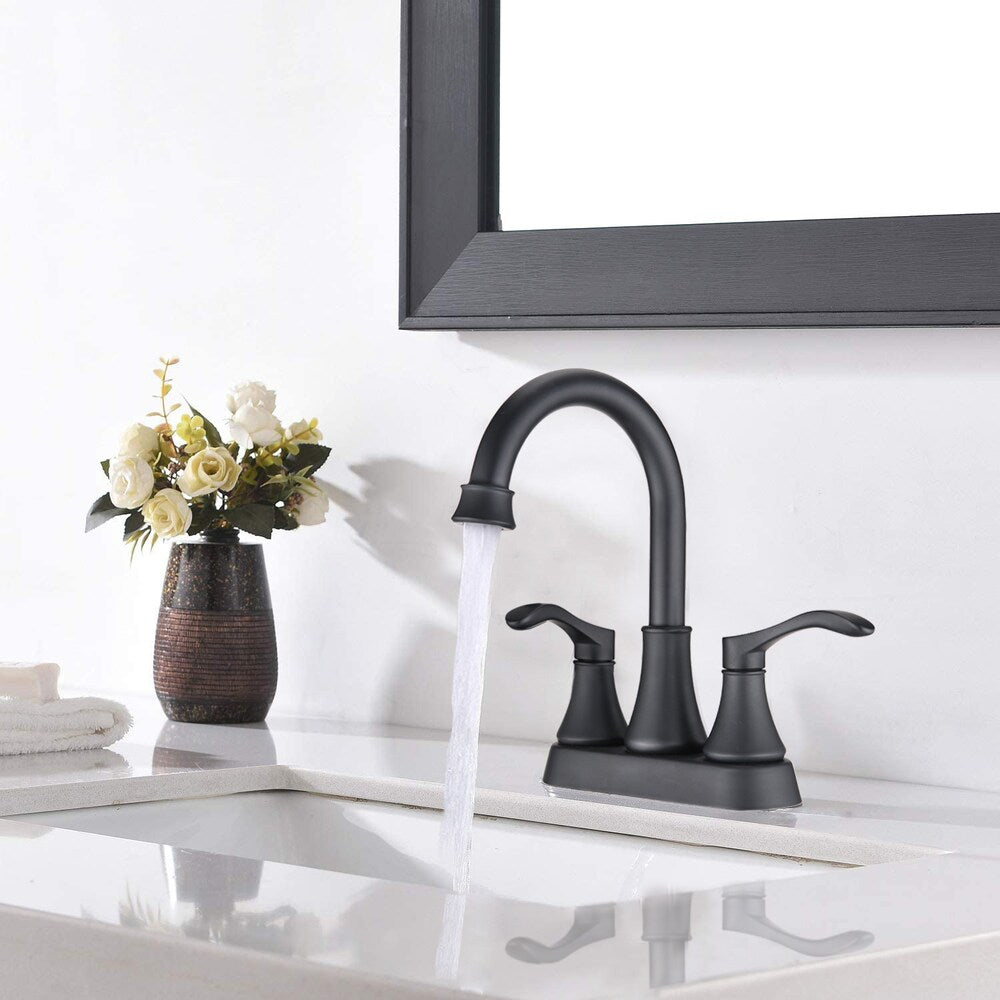 4 inch Centerset 2-Handle High Arc Bathroom Faucet with Drain Kit Included in Matte Black