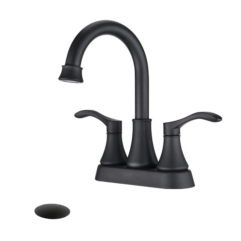 4 inch Centerset 2-Handle High Arc Bathroom Faucet with Drain Kit Included in Matte Black