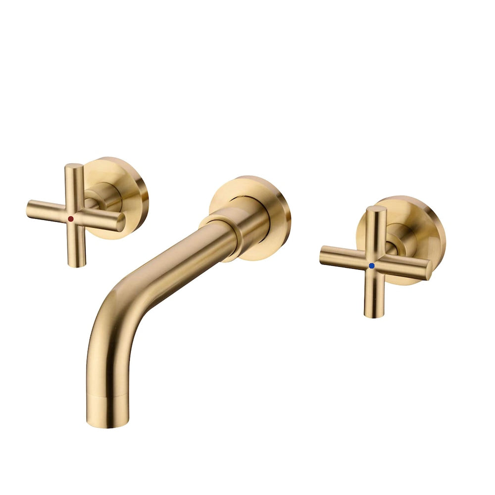 2-Handle Wall Mount Bathroom Faucet with Cross Handles in Brushed Gold