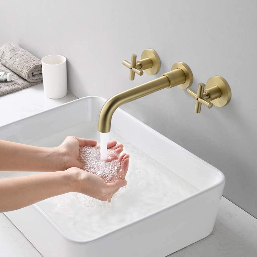 2-Handle Wall Mount Bathroom Faucet with Cross Handles in Brushed Gold