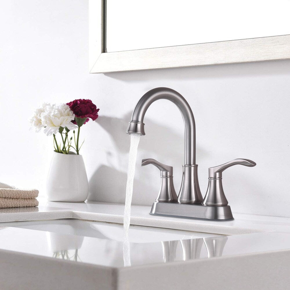 4 inch Centerset 2-Handle High Arc Bathroom Faucet with Drain Kit Included in Brushed Nickel