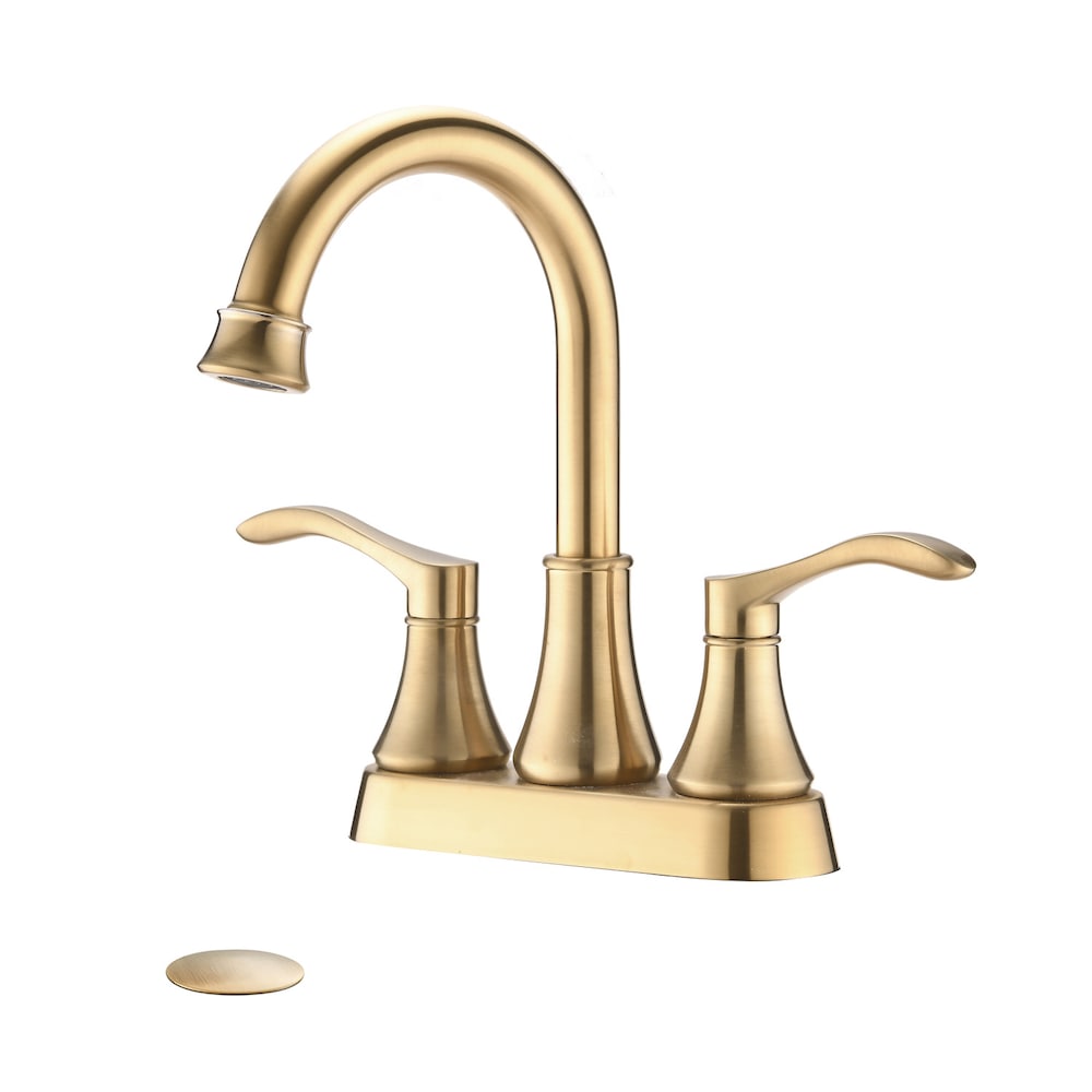 4 inch Centerset 2-Handle High Arc Bathroom Faucet with Drain Kit Included in Brushed Gold