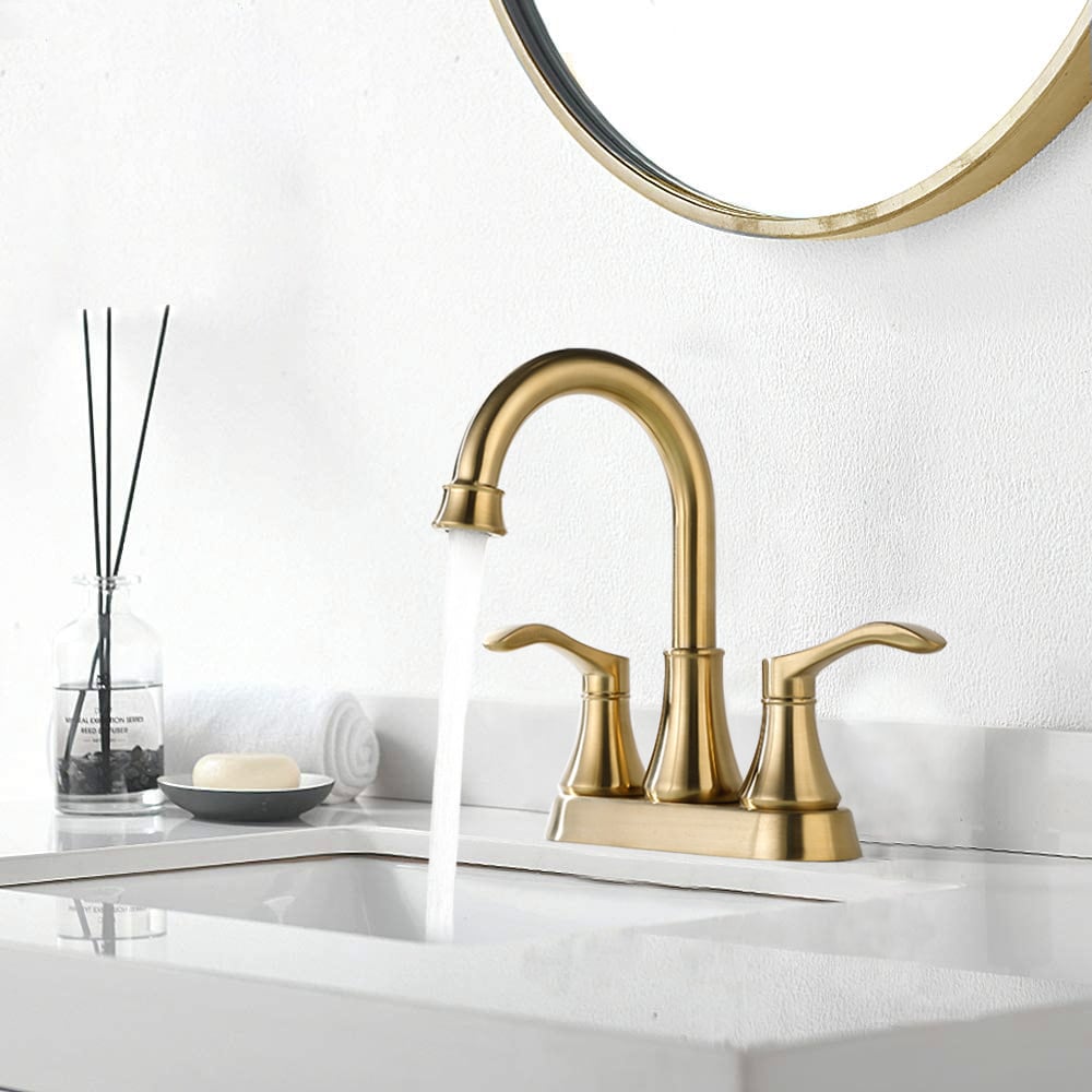 4 inch Centerset 2-Handle High Arc Bathroom Faucet with Drain Kit Included in Brushed Gold