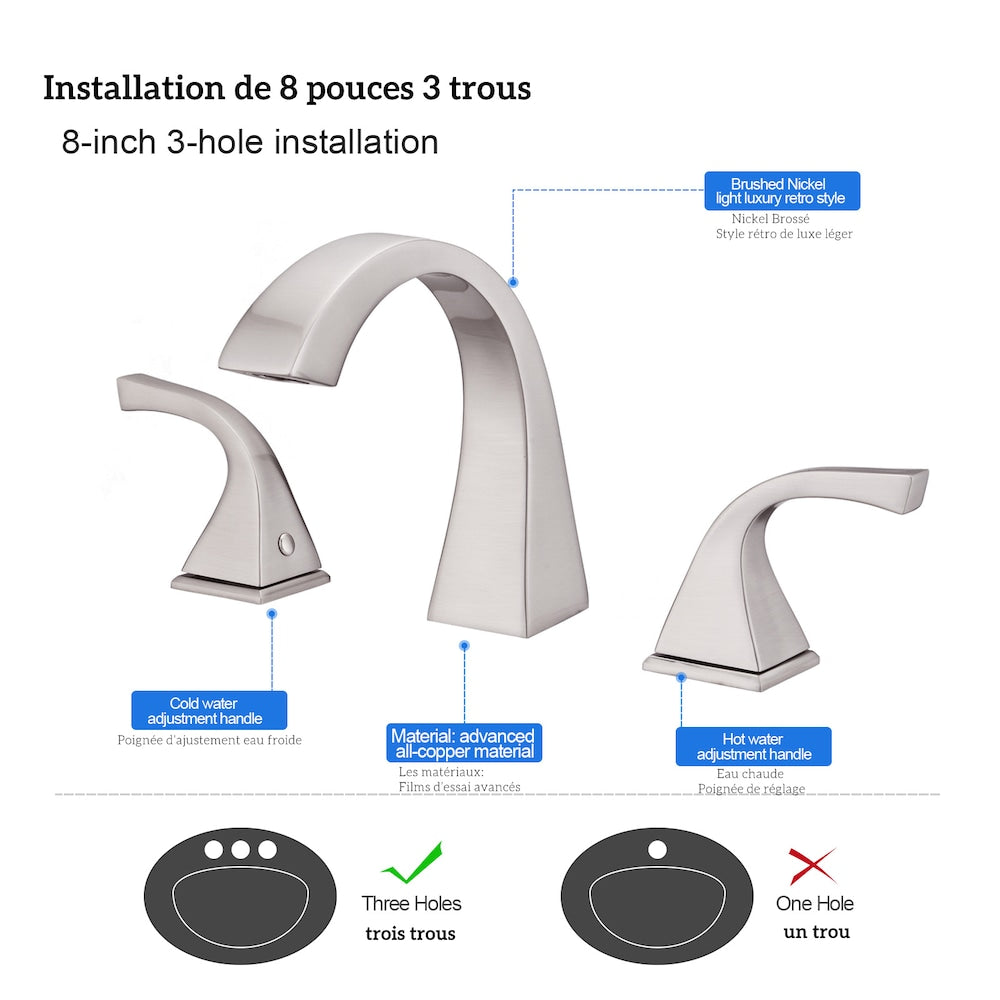 8 inch Widespread Double Handle Bathroom Faucet with Pop up Drain Assembly in Brushed Nickel