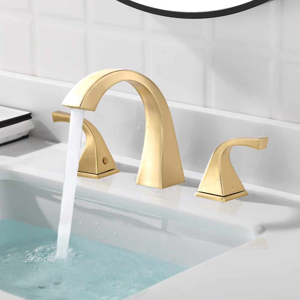 8 inch Widespread Double Handle Bathroom Faucet with Pop up Drain Assembly in Brushed Gold