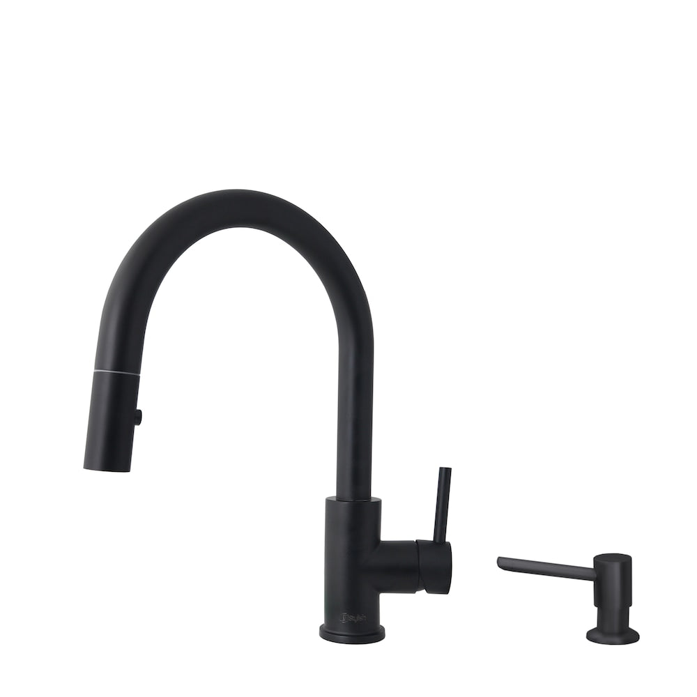 Modena Single Handle Pull Down Kitchen Faucet with Soap Dispenser in Matte Black Finish