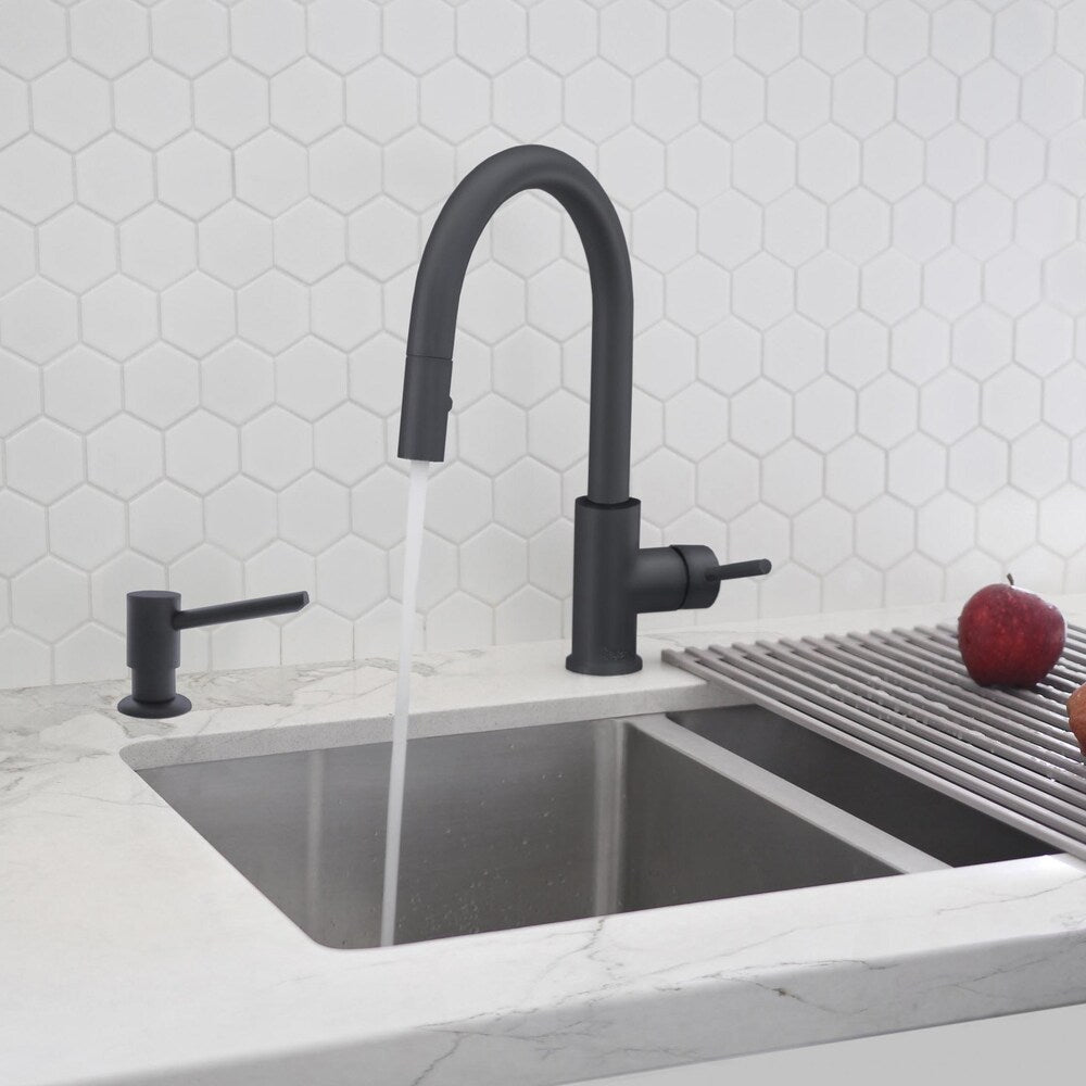 Modena Single Handle Pull Down Kitchen Faucet with Soap Dispenser in Matte Black Finish