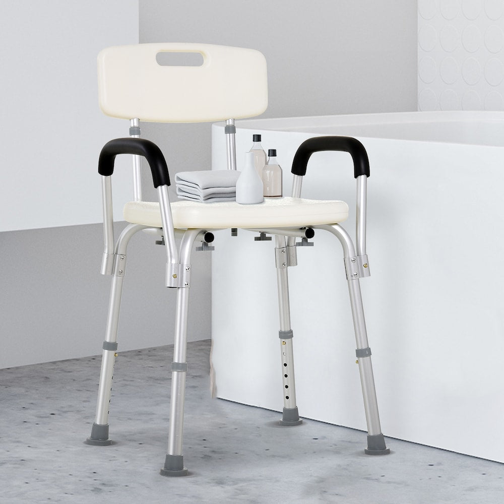 Chaise de douche médicale réglable à dégagement rapide avec dossier et accoudoirs en blanc