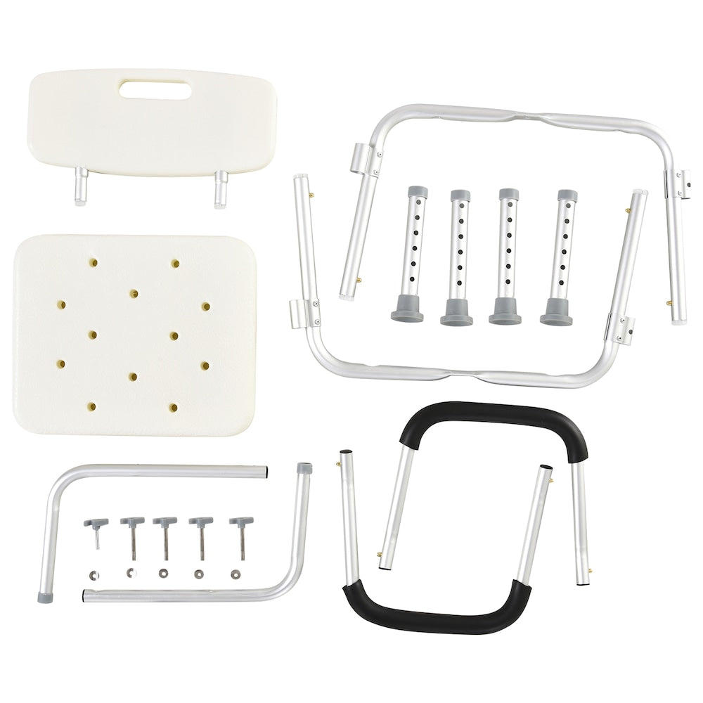 Chaise de douche médicale réglable à dégagement rapide avec dossier et accoudoirs en blanc