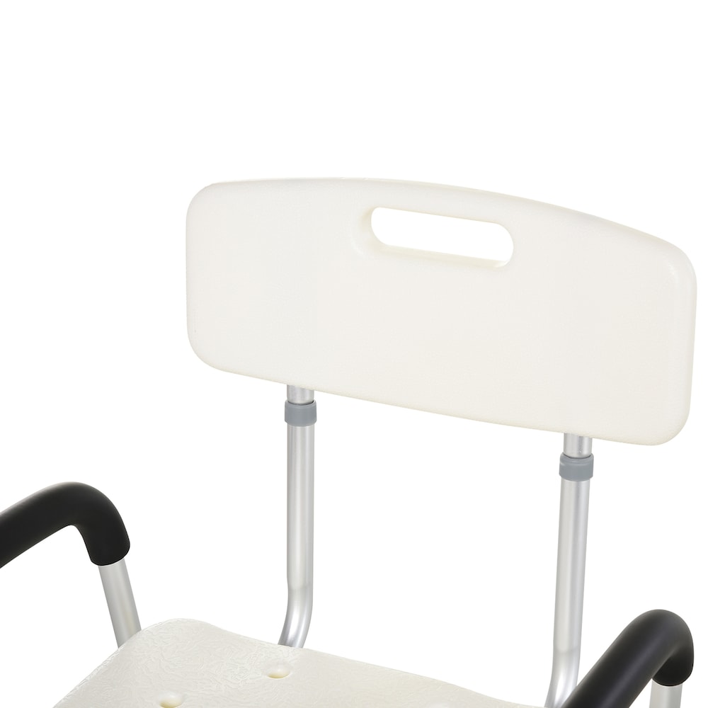 Chaise de douche médicale réglable à dégagement rapide avec dossier et accoudoirs en blanc