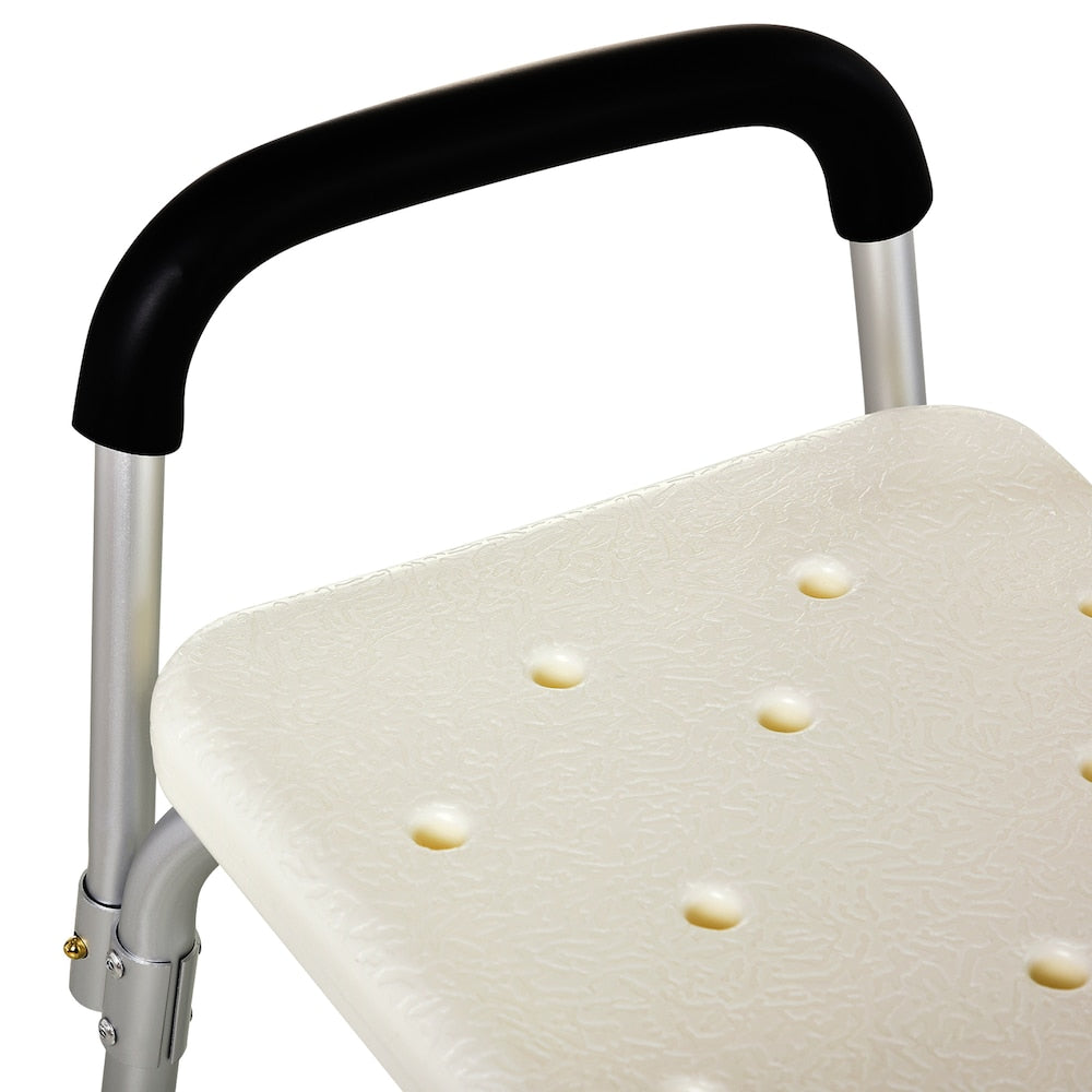 Chaise de douche médicale réglable à dégagement rapide avec dossier et accoudoirs en blanc