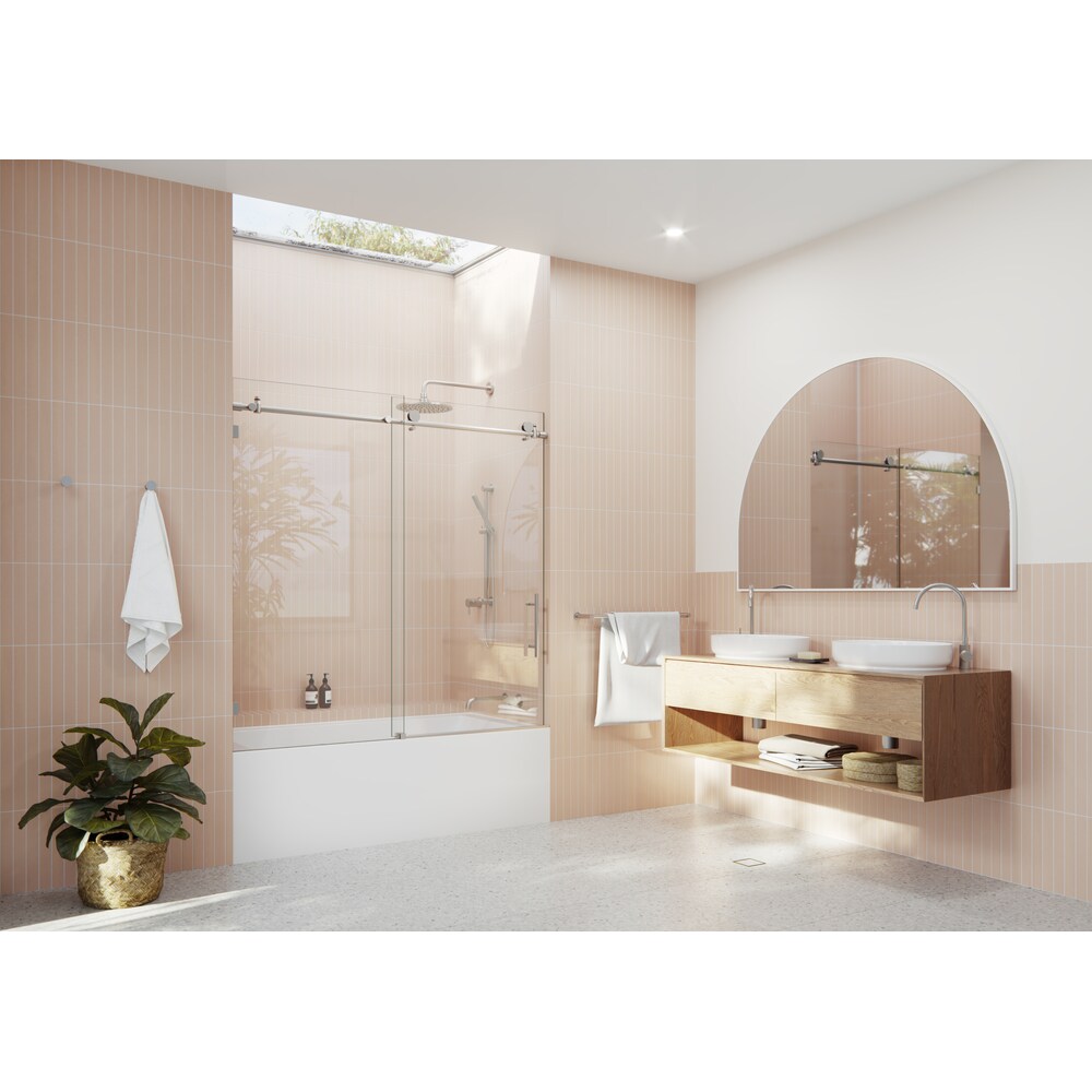 Eclipse 60 inch W x 60 inch H Sliding Frameless Bathtub Shower Door in Brushed Nickel Finish