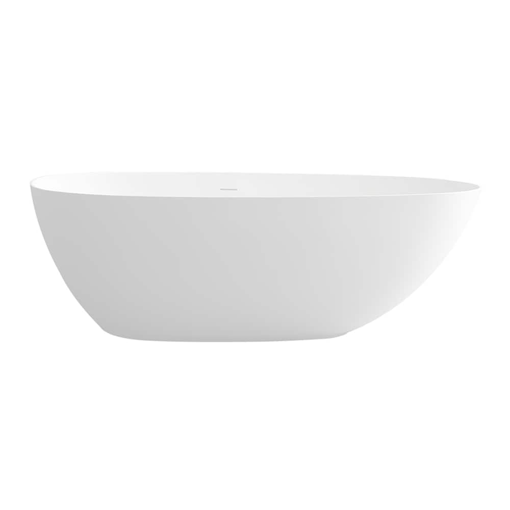 Baignoire ovale autoportante en surface solide de 59 pouces avec drain central en blanc mat