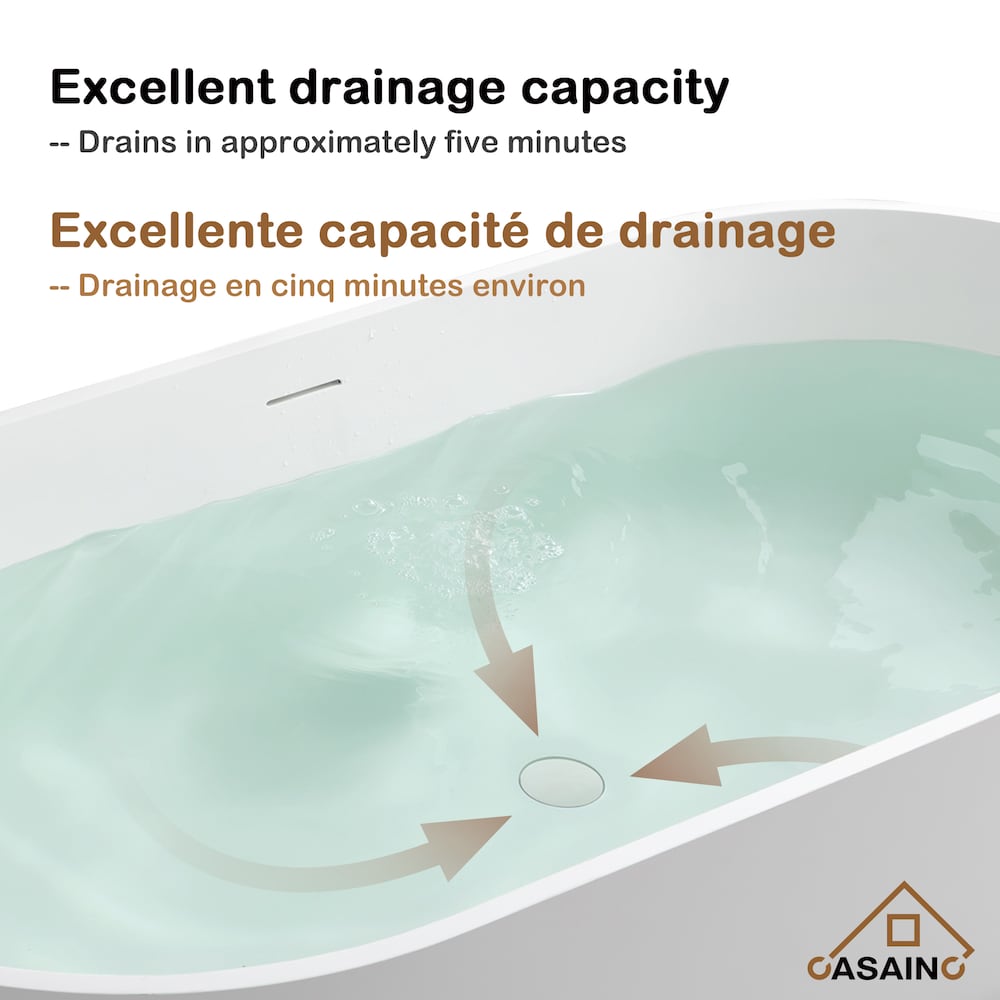 Baignoire ovale autoportante en surface solide de 59 pouces avec drain central en blanc mat