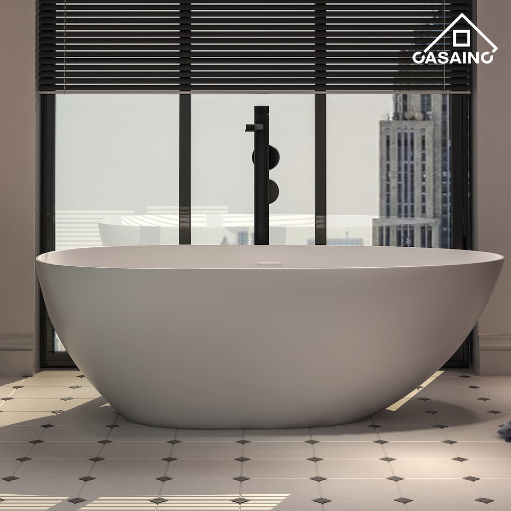 Baignoire ovale autoportante en surface solide de 59 pouces avec drain central en blanc mat