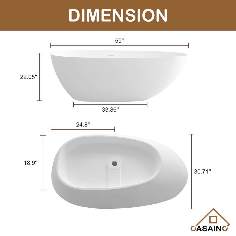 Baignoire ovale autoportante en surface solide de 59 pouces avec drain central en blanc mat
