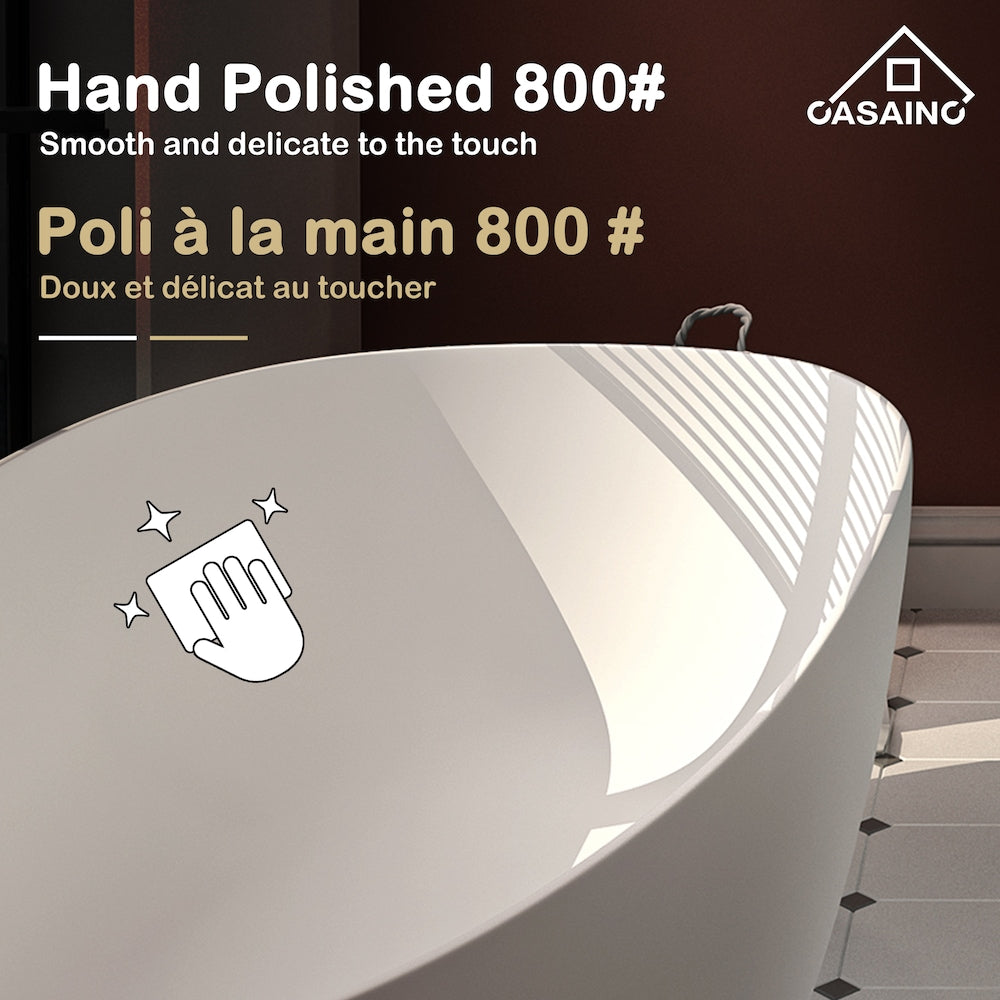 Baignoire ovale autoportante en surface solide de 59 pouces avec drain central en blanc mat