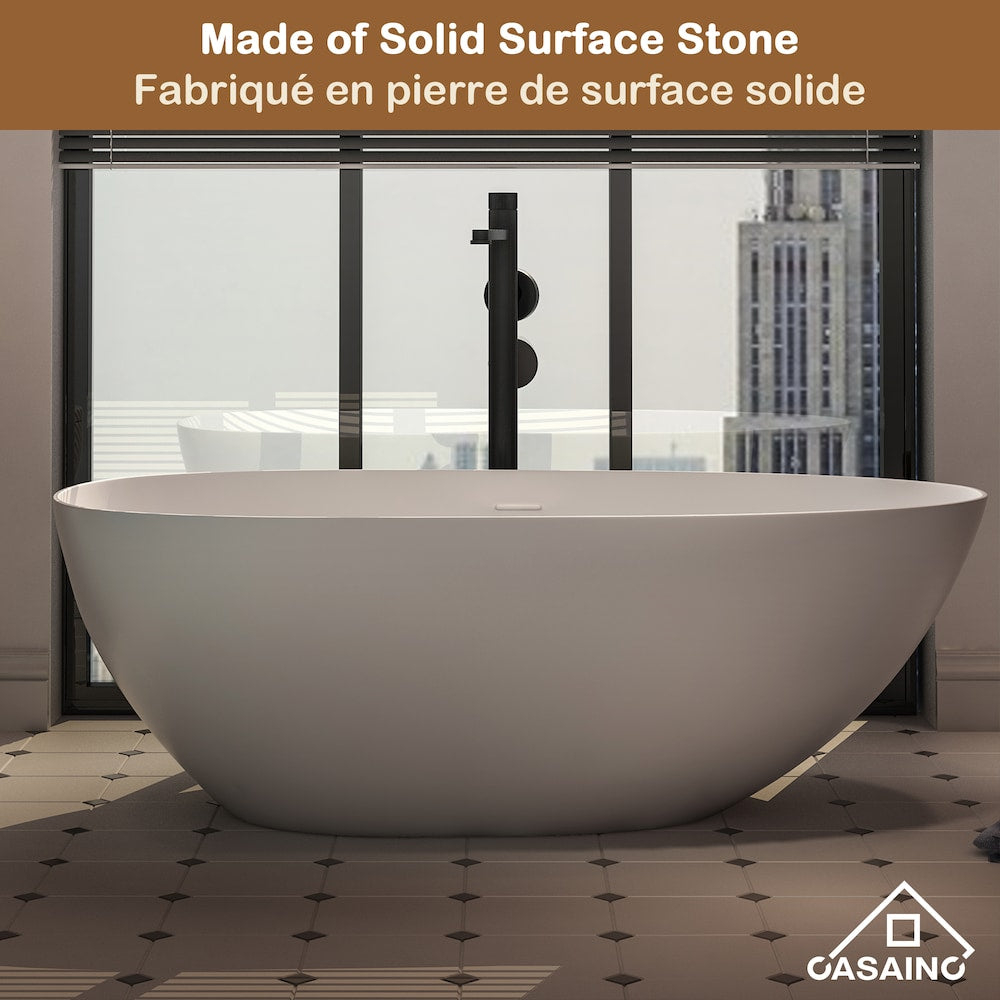 Baignoire ovale autoportante en surface solide de 59 pouces avec drain central en blanc mat