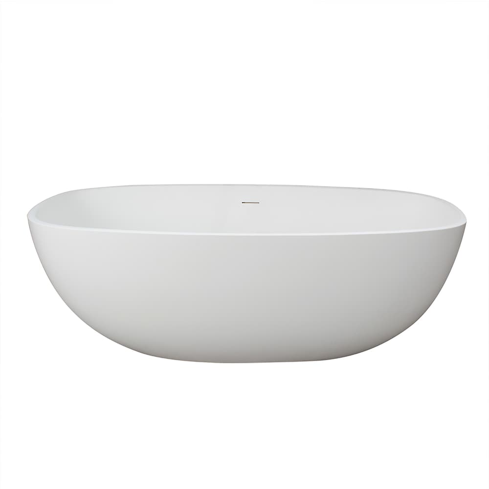 Baignoire ovale autoportante en surface solide de 67 pouces avec drain central en blanc mat