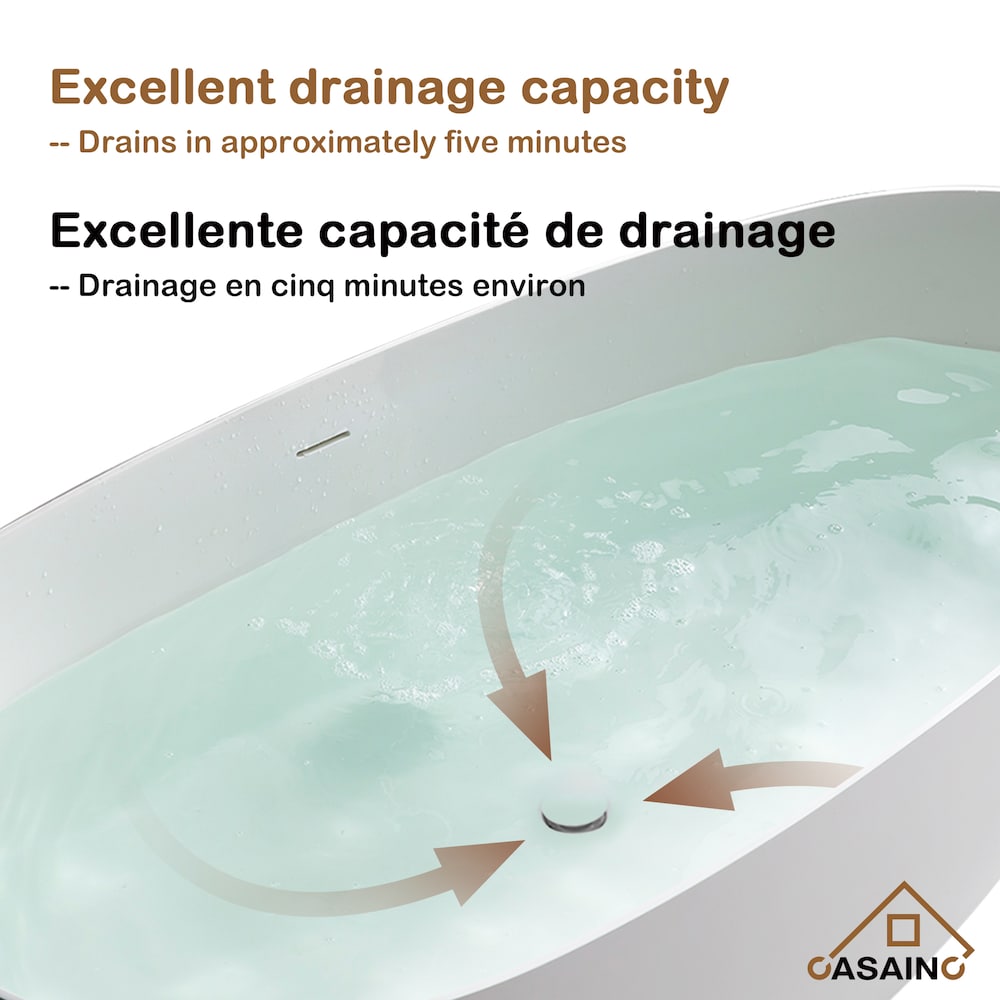 Baignoire ovale autoportante en surface solide de 67 pouces avec drain central en blanc mat