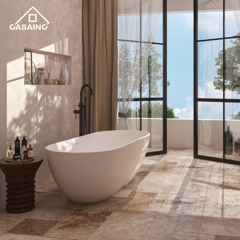 Baignoire ovale autoportante en surface solide de 67 pouces avec drain central en blanc mat