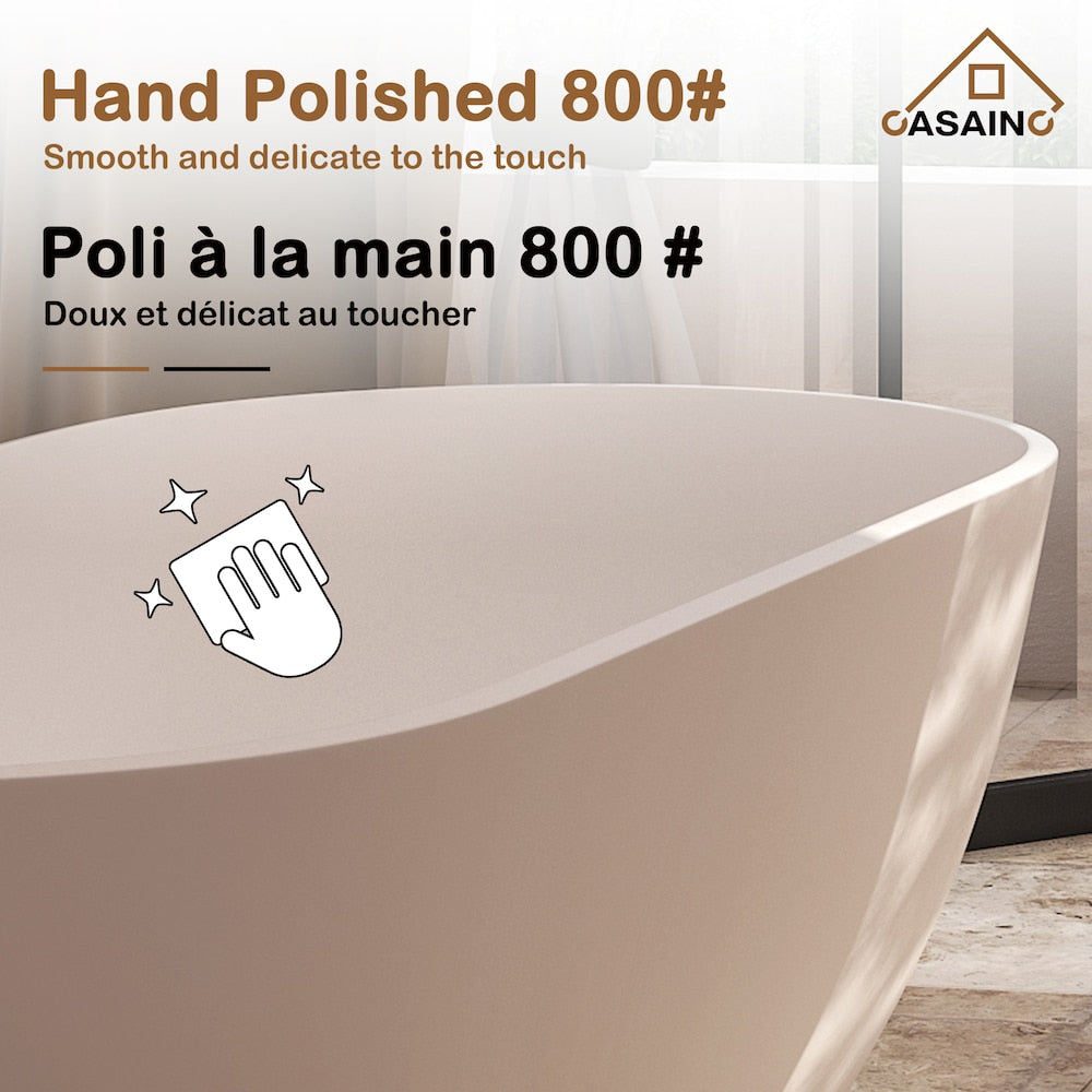 Baignoire ovale autoportante en surface solide de 67 pouces avec drain central en blanc mat