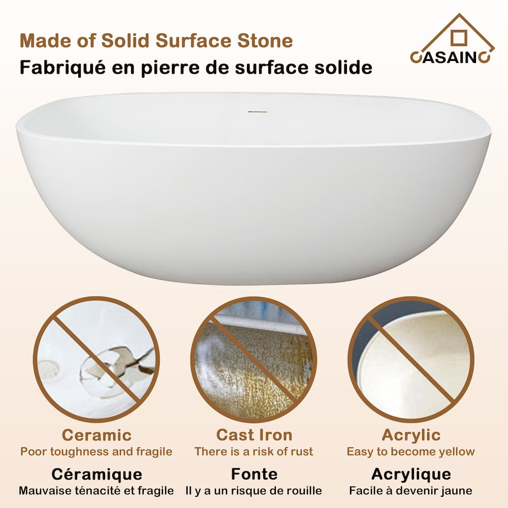 Baignoire ovale autoportante en surface solide de 67 pouces avec drain central en blanc mat
