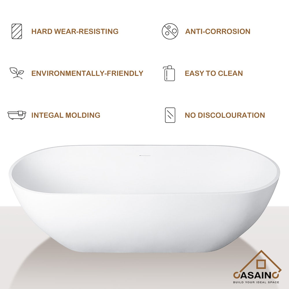 Baignoire ovale autoportante en surface solide de 59 pouces avec drain central en blanc