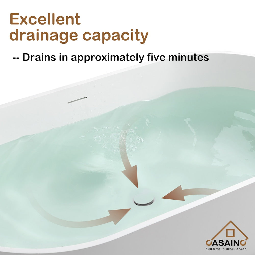 Baignoire ovale autoportante en surface solide de 59 pouces avec drain central en blanc