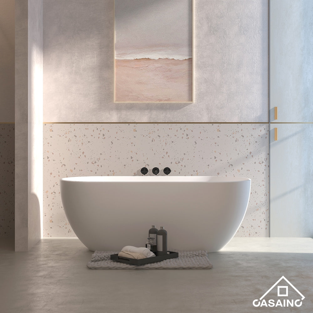 Baignoire ovale autoportante en surface solide de 59 pouces avec drain central en blanc