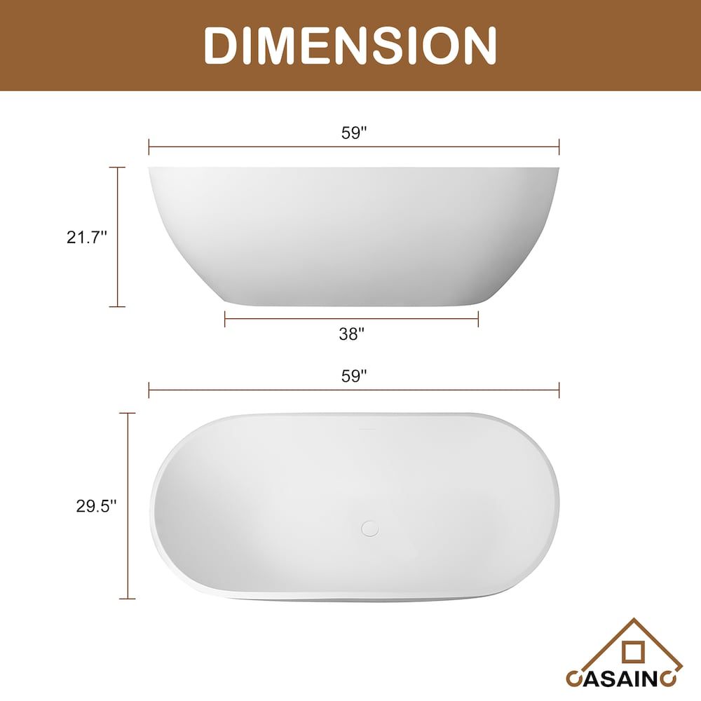 Baignoire ovale autoportante en surface solide de 59 pouces avec drain central en blanc