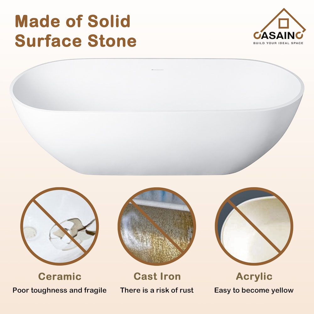 Baignoire ovale autoportante en surface solide de 59 pouces avec drain central en blanc