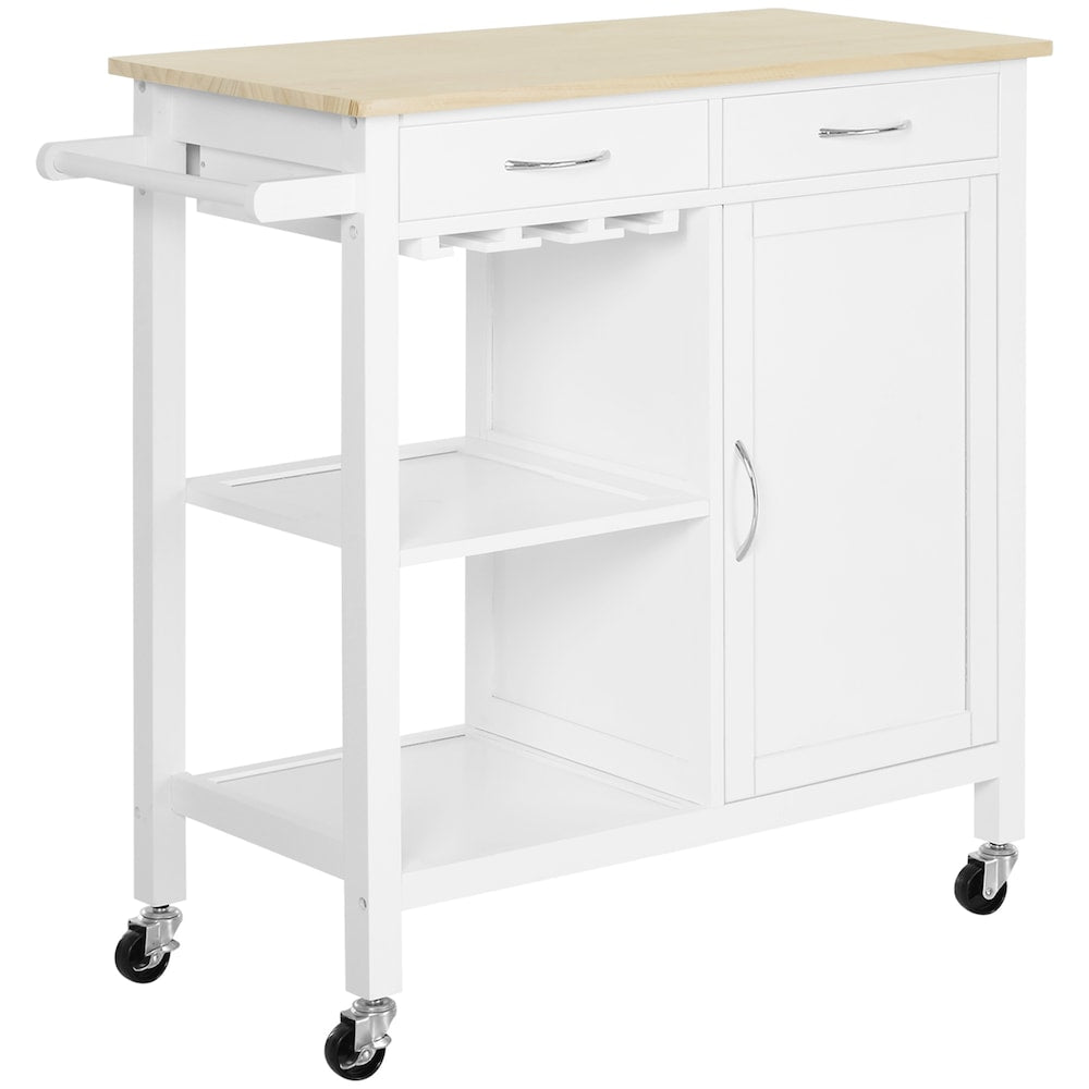 Chariot de cuisine à roulettes de 34,75 pouces de largeur avec tiroirs et support pour verres à vin en blanc