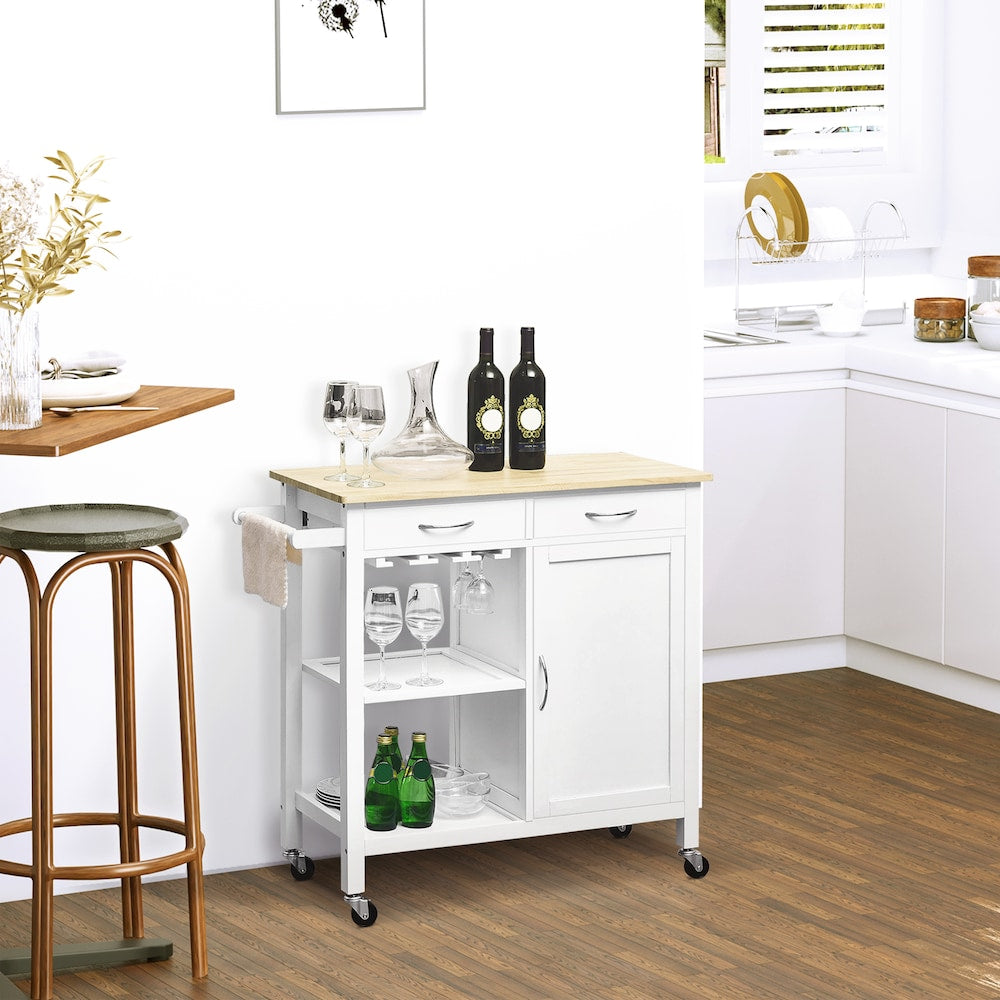 Chariot de cuisine à roulettes de 34,75 pouces de largeur avec tiroirs et support pour verres à vin en blanc