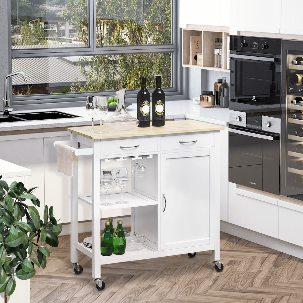 Chariot de cuisine à roulettes de 34,75 pouces de largeur avec tiroirs et support pour verres à vin en blanc