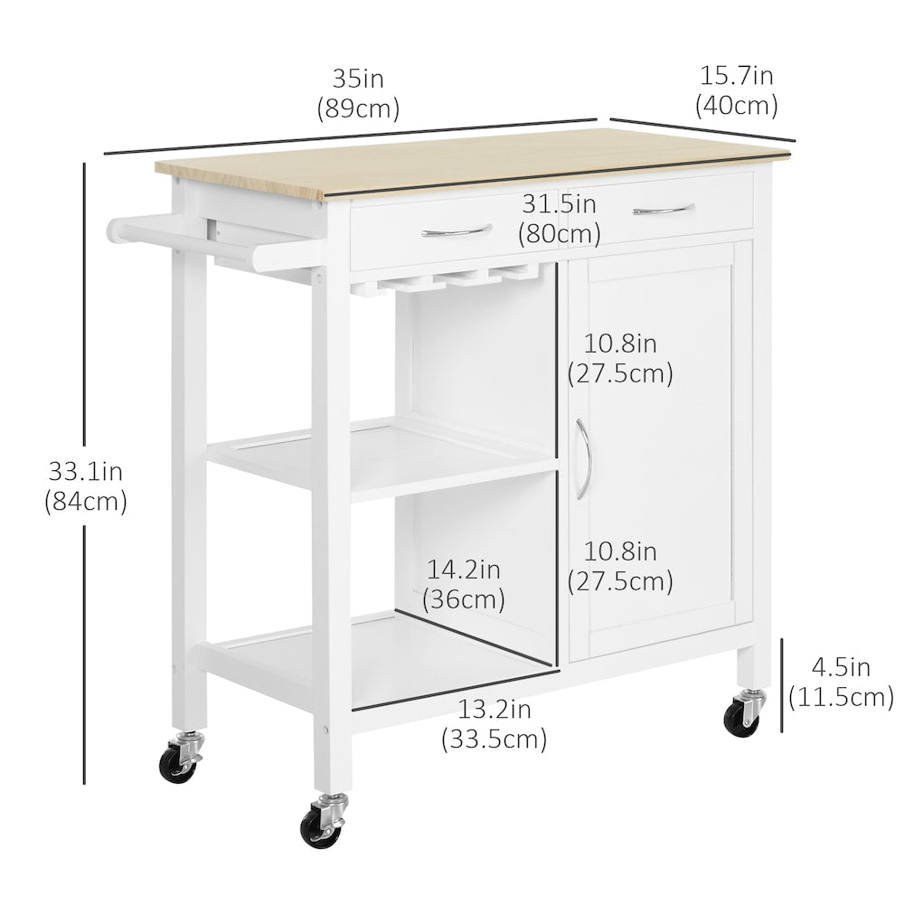 Chariot de cuisine à roulettes de 34,75 pouces de largeur avec tiroirs et support pour verres à vin en blanc