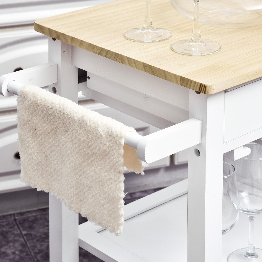 Chariot de cuisine à roulettes de 34,75 pouces de largeur avec tiroirs et support pour verres à vin en blanc