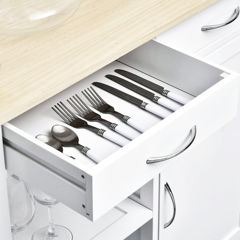 Chariot de cuisine à roulettes de 34,75 pouces de largeur avec tiroirs et support pour verres à vin en blanc