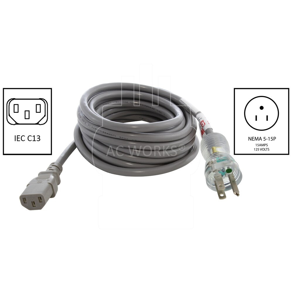 20ft 15A 14/3 Medical Grade Power Cord with IEC C13 Connector