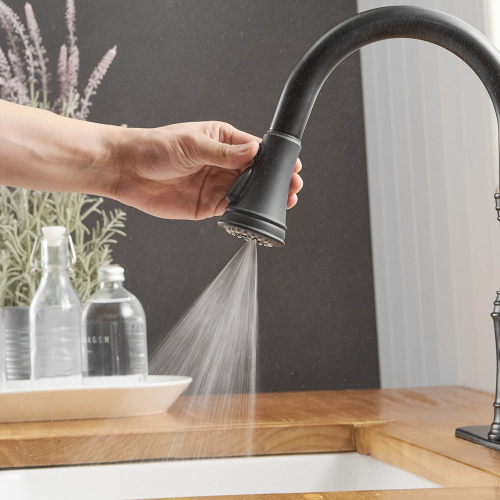 Robinet de cuisine à arc élevé à 3 jets avec douchette rétractable à poignée unique 4551 avec plaque de pont en noir mat
