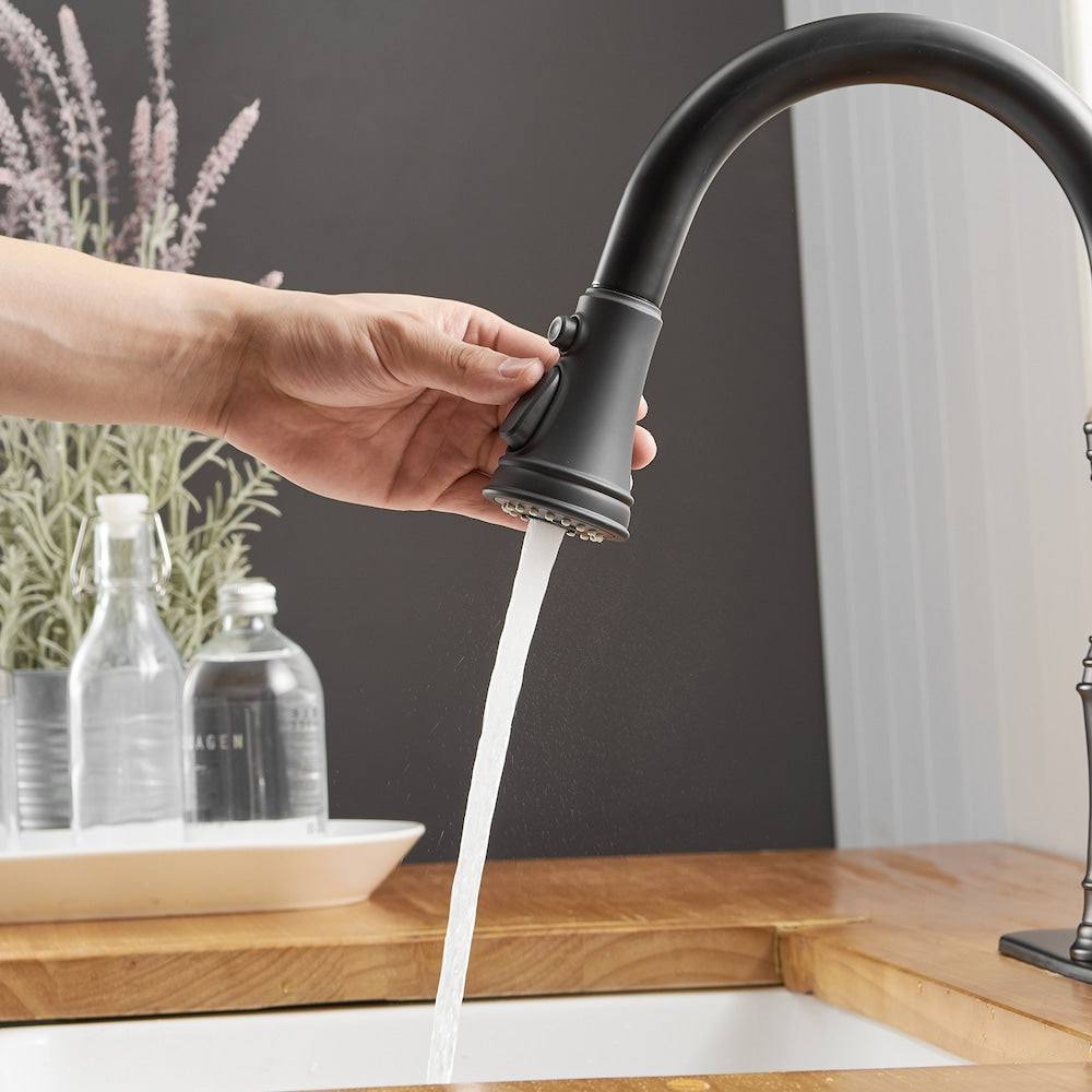 Robinet de cuisine à arc élevé à 3 jets avec douchette rétractable à poignée unique 4551 avec plaque de pont en noir mat