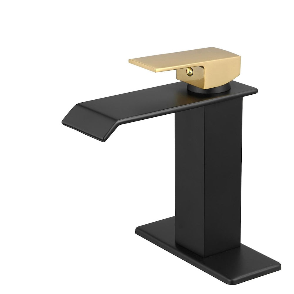 Robinet de salle de bain à un trou et à poignée unique en cascade avec ensemble de vidange en noir et or