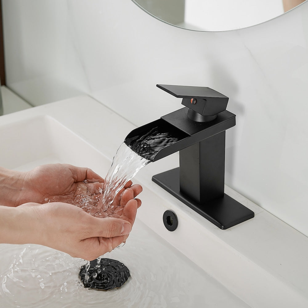 Robinet de salle de bain monotrou à poignée unique et à arc bas 6009 avec ensemble de vidange en noir mat