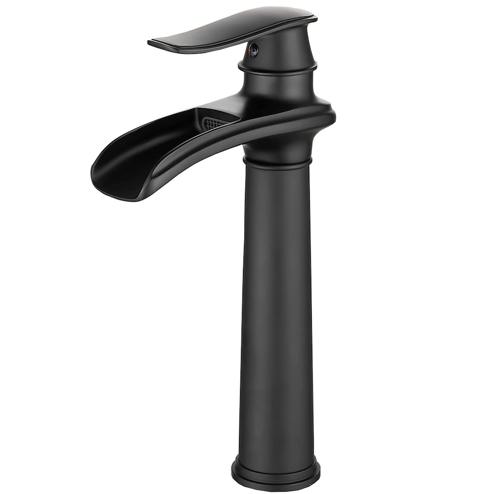 Robinet de lavabo de salle de bains à poignée unique à trou unique en cascade avec ensemble de vidange en noir mat