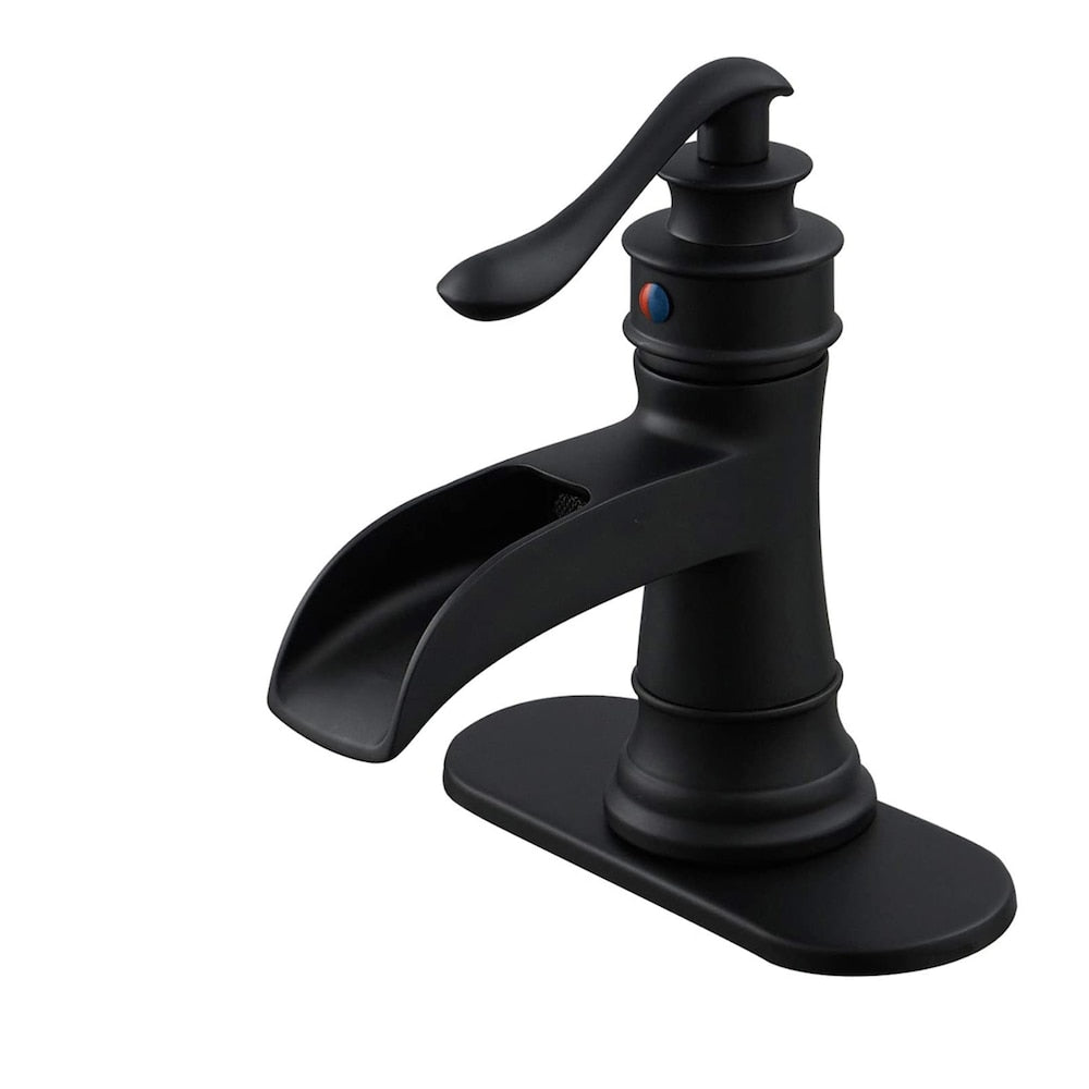 Robinet de salle de bain à un trou et à poignée unique en cascade avec ensemble de vidange en noir mat